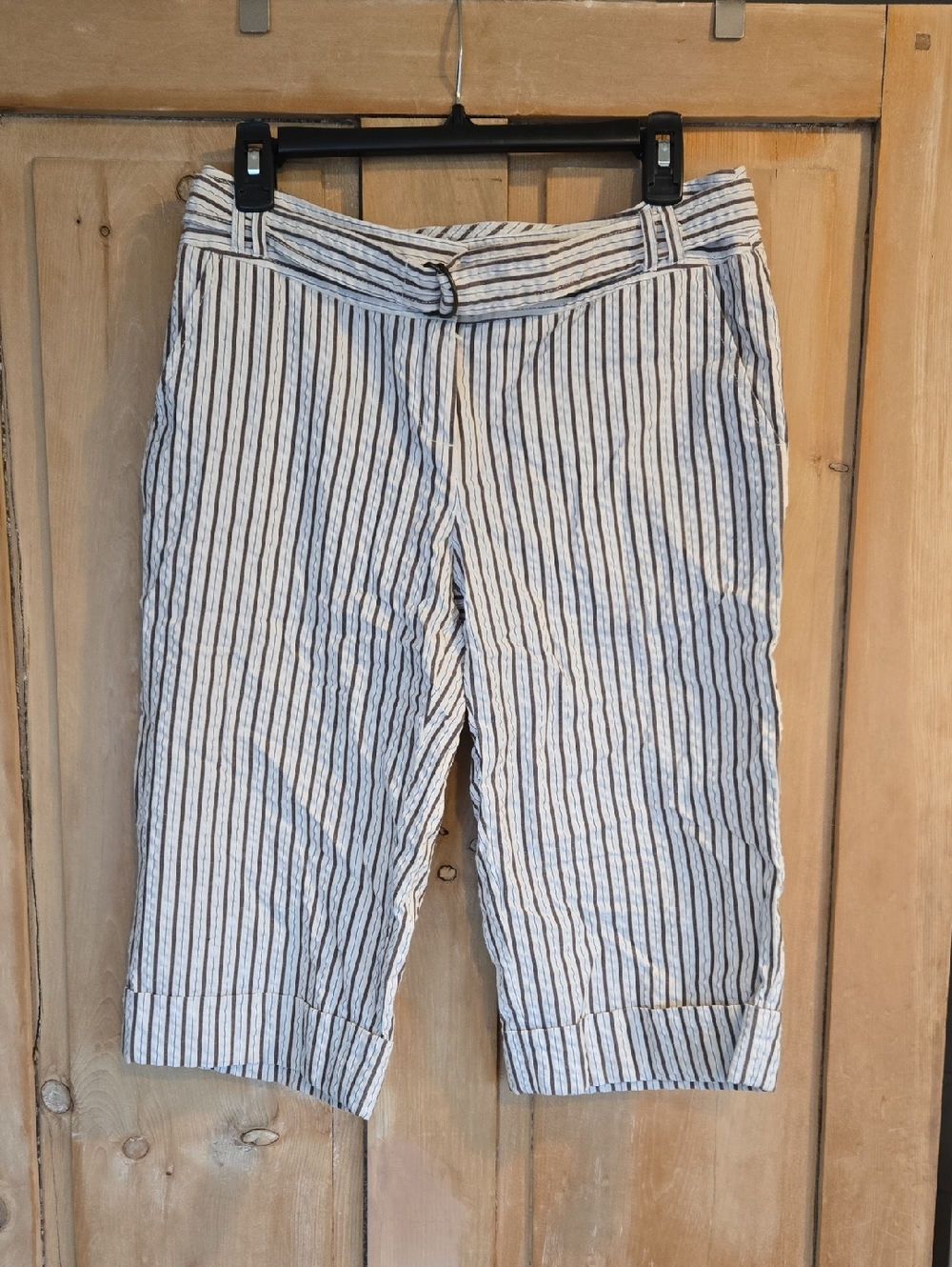 Striped Blend Cropped Pants - White & Brown
